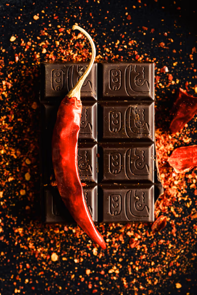 Dunkle Schokolade und eine Chilischote.